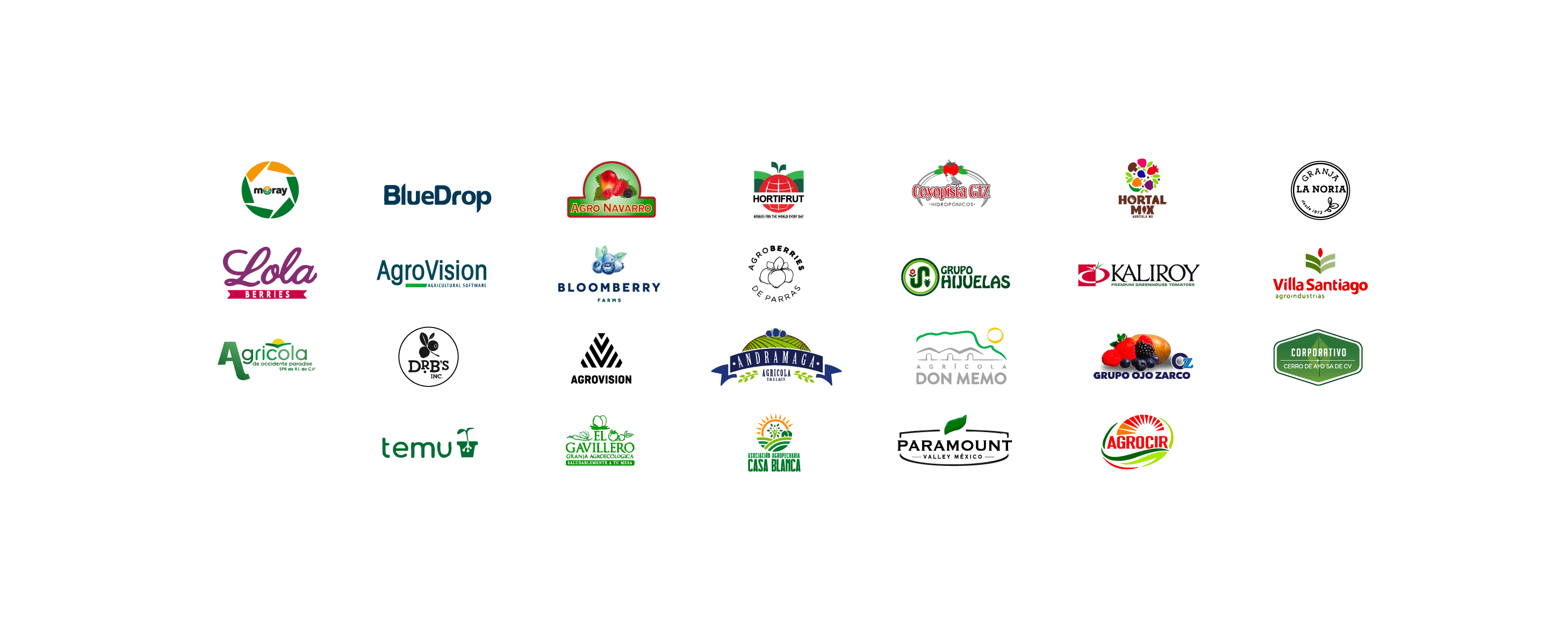 Clientes NXTAgro: Moray, BlueDrop, Agro Navarro, Hortifrut, Coyopista, Hortal Mix, Granja La Noria, Lola Berries, AgroVision, Bloomberry, Agroberries de Parras, Grupo Hijuelas, Kaliroy, Villa Santiago, Agrícola de Occidente, DRBs Inc, Andramaga, Agrícola Don Memo, Grupo Ojo Zarco, Corporativo Cerro de Ayo, Temu, El Gavillero, Casa Blanca, Paramount Valley México, Agrocir