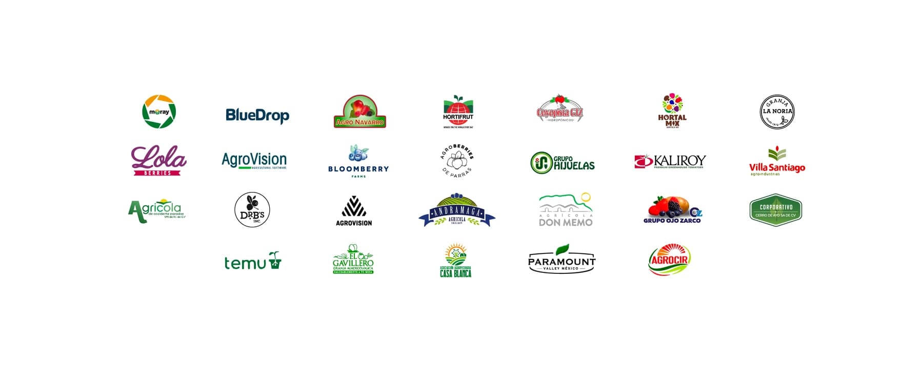 Clientes NXTAgro: Moray, BlueDrop, Agro Navarro, Hortifrut, Coyopista, Hortal Mix, Granja La Noria, Lola Berries, AgroVision, Bloomberry, Agroberries de Parras, Grupo Hijuelas, Kaliroy, Villa Santiago, Agrícola de Occidente, DRBs Inc, Andramaga, Agrícola Don Memo, Grupo Ojo Zarco, Corporativo Cerro de Ayo, Temu, El Gavillero, Casa Blanca, Paramount Valley México, Agrocir