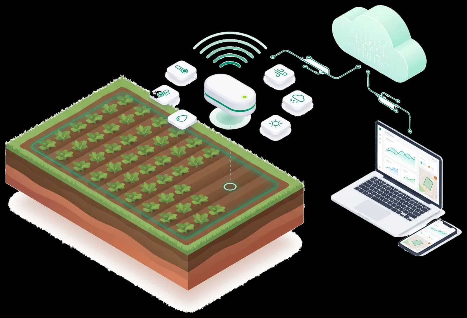 Ilustración del sistema NXTAgro: un equipo en el campo mide el clima y el cultivo, y envía los datos a la nube y a la plataforma en computadora y celular