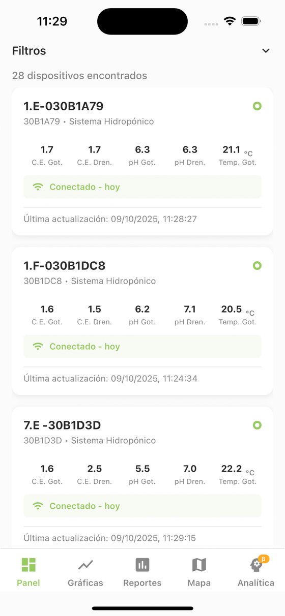 Pantalla de la app de NXTAGRO con la lista de dispositivos y sus lecturas de CE, pH y temperatura