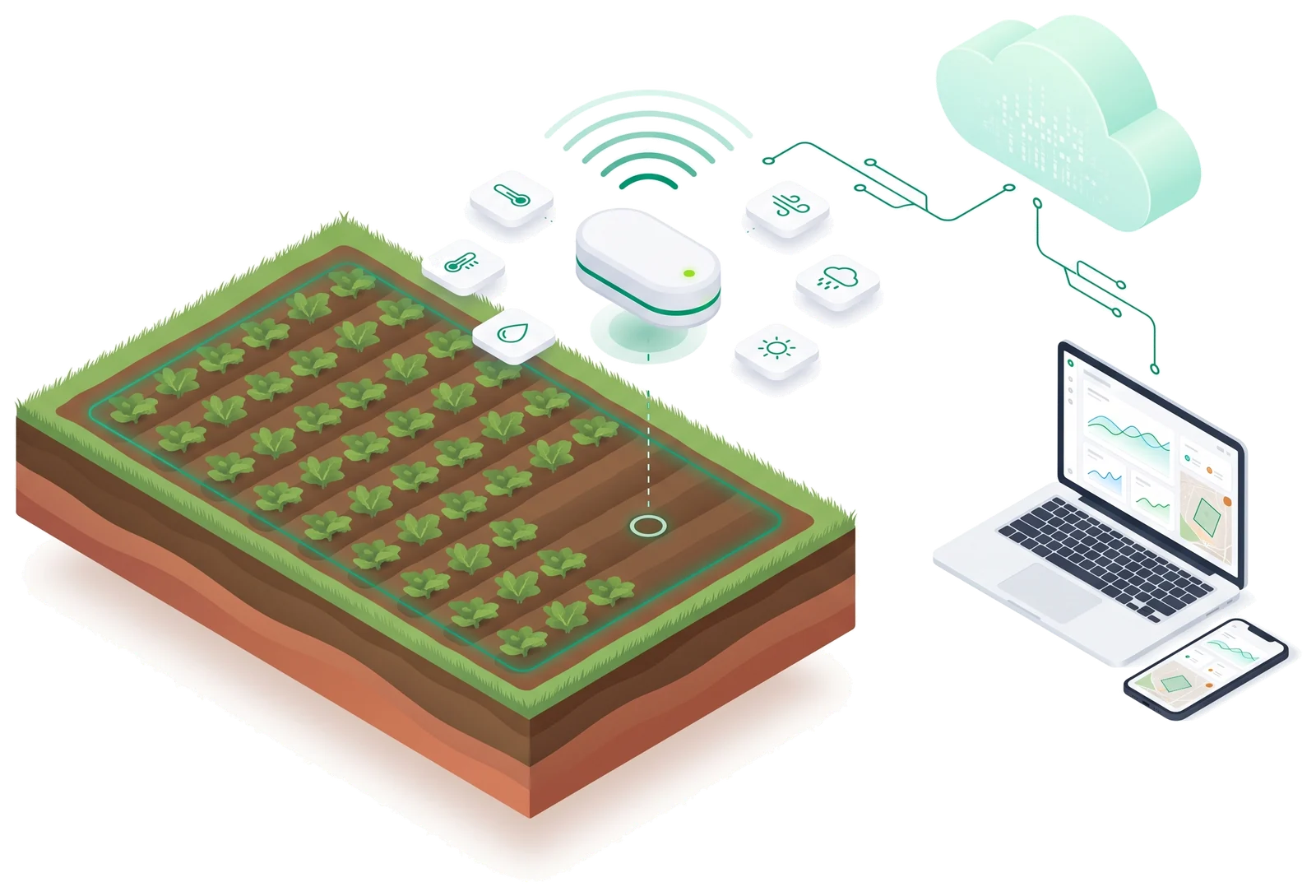 Ilustración: un equipo en el campo mide el clima y el cultivo, y envía los datos a la nube y a la plataforma en computadora y celular